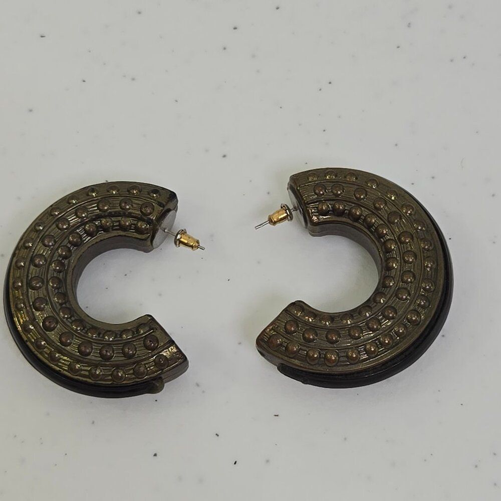 Vintage Oversized Hoop Earrings Puffy Large Gray Black Chunky Brutalist Boho